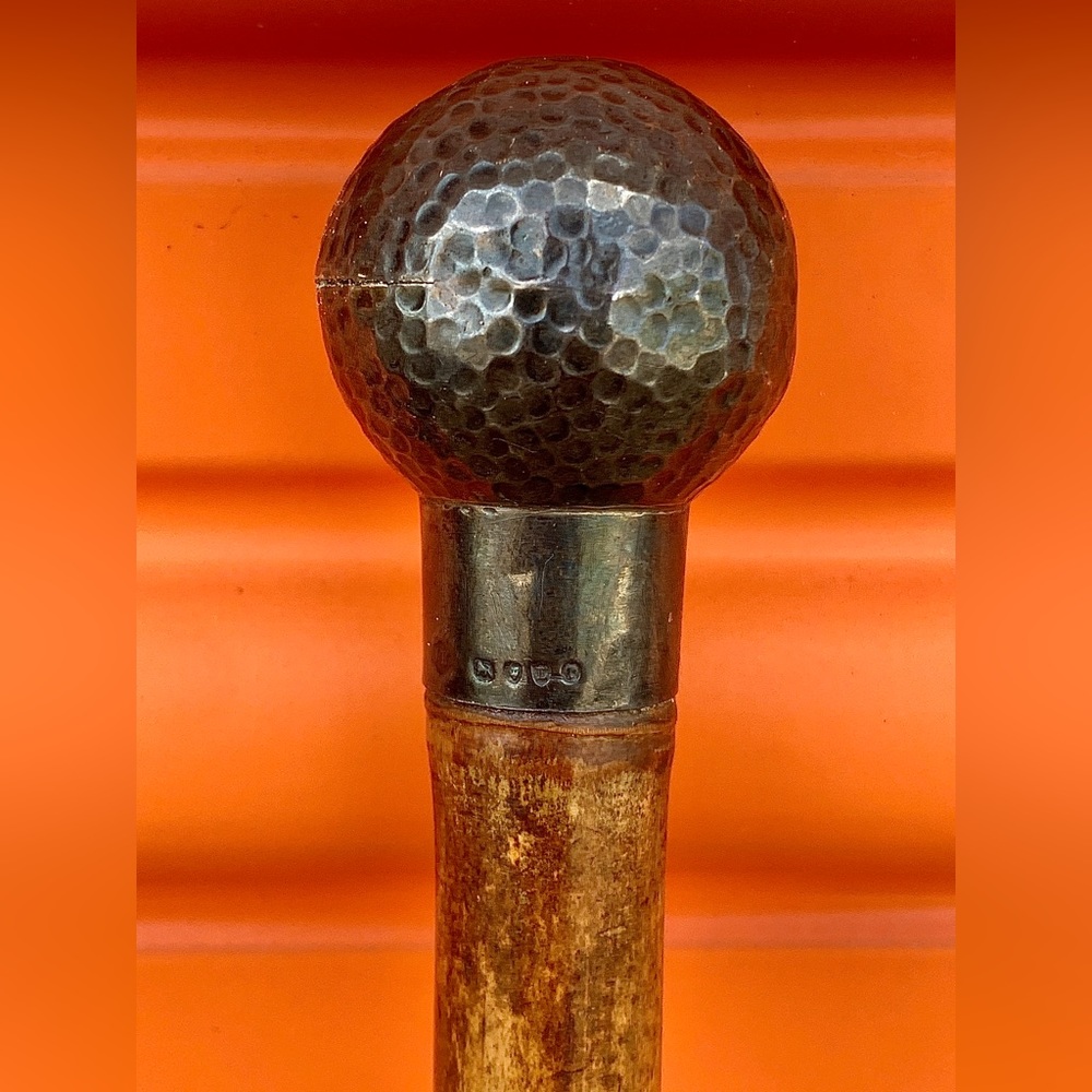 19th Century Antique Sterling Silver Golf Ball Topped Bamboo Cane Walking Stick